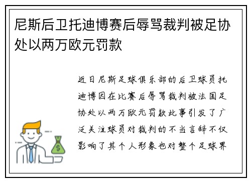 尼斯后卫托迪博赛后辱骂裁判被足协处以两万欧元罚款